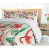Ambesonne Christmas Duvet Cover Set, Vintage Merry Xmas Wreath Several Noel Yule and Ribbons Candles Bells Image, Decorative 3 Piece Bedding Set with 2 Pillow Shams, King Size, Red(Dark Coral Green Blue)