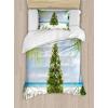 Ambesonne Christmas Duvet Cover Set, Vintage Merry Xmas Wreath Several Noel Yule and Ribbons Candles Bells Image, Decorative 3 Piece Bedding Set with 2 Pillow Shams, King Size, Red(Cream Green)