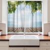 Ambesonne Kitchen Decor Collection, Sunset View on The Beach Shore Waves Surf Modern Home Decor Rocks Boats Sea Scenery, Window Treatments for Kitchen Curtains 2 Panels, 55X39 Inches, Blue Orange(Fern Green)