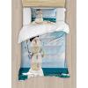 Ambesonne Christmas Duvet Cover Set, Vintage Merry Xmas Wreath Several Noel Yule and Ribbons Candles Bells Image, Decorative 3 Piece Bedding Set with 2 Pillow Shams, King Size, Red(Blue Sand)