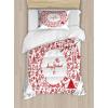 Ambesonne Christmas Duvet Cover Set, Vintage Merry Xmas Wreath Several Noel Yule and Ribbons Candles Bells Image, Decorative 3 Piece Bedding Set with 2 Pillow Shams, King Size, Red(Red)