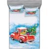 Ambesonne Christmas Fitted Sheet & Pillow Sham Set, Vintage Truck in Snowy Winter Scene Tree and Gifts Candy Cane Kids Print, Decorative Printed 3 Piece Bedding Decor Set, Full, Blue White Red
