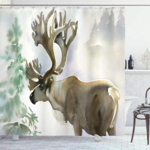 Ambesonne Antlers Shower Curtain, Moose in Winter Forest Wildlife Reindeer Christmas Theme Watercolor Painting Style, Cloth Fabric Bathroom Decor Set with Hooks, 69″ W x 70″ L, Beige Green(Beige Green)