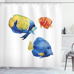 Ambesonne Antlers Shower Curtain, Moose in Winter Forest Wildlife Reindeer Christmas Theme Watercolor Painting Style, Cloth Fabric Bathroom Decor Set with Hooks, 69″ W x 70″ L, Beige Green(Azure Blue Scarlet)