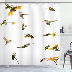 Ambesonne Antlers Shower Curtain, Moose in Winter Forest Wildlife Reindeer Christmas Theme Watercolor Painting Style, Cloth Fabric Bathroom Decor Set with Hooks, 69″ W x 70″ L, Beige Green(Green Yellow Beige)