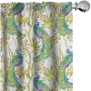 Ambesonne Bohemian Curtains, Bold and Big Feather Motif on Southwestern Inspired Striped Print, Window Treatments 2 Panel Set for Living Room Bedroom, Pair of – 28″ x 63″, Cadet Blue Beige and Brown(Green White)