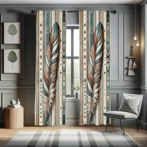 Ambesonne Bohemian Curtains, Bold and Big Feather Motif on Southwestern Inspired Striped Print, Window Treatments 2 Panel Set for Living Room Bedroom, Pair of – 28″ x 63″, Cadet Blue Beige and Brown(Cadet Blue Beige and Brown)
