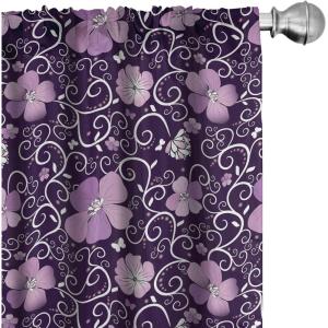 Ambesonne Botanical Curtains, Vintage Floral Pattern with Detailed Exotic Leaves from Different Trees, Window Treatments 2 Panel Set for Living Room Bedroom, Pair of – 28″ x 84″, Green and Ivory(Purple)