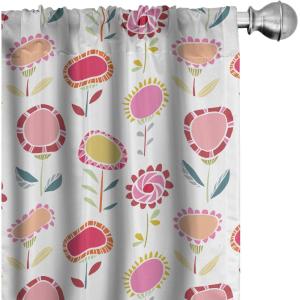Ambesonne Cats Curtains, Modern Scandi Pattern of Kitten Love with Romantic Hearts Cartoon Design, Window Treatments 2 Panel Set for Living Room Bedroom, Pair of – 28″ x 63″, Ginger Olive Green White(Pink Yellow)