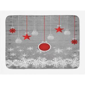 Ambesonne Christmas Bath Mat, Rustic Wooden Backdrop Snowflakes and Warm Traditional Celebration Print, Plush Bathroom Decor Mat with Non Slip Backing, 30.2″ x 20″, Brown White(Grey Red White)