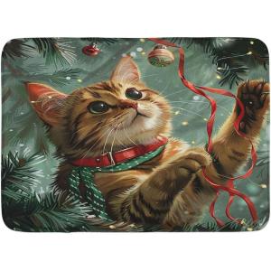 Ambesonne Christmas Bath Mat, Vintage Vibe Whimsical Kitten Playing with Xmas Trees Lace Ornate, Plush Bathroom Decor Mat with Non Slip Backing, 30.2″ x 20″, Hunter Green and Vermilion(Hunter Green and Vermilion)