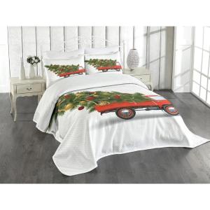Ambesonne Christmas Bedspread, Red Retro Style Farm Truck and Big Xmas Tree Tinsel Balls Candy Design, Decorative Quilted 3 Piece Coverlet Set with 2 Pillow Shams, Queen Size, Green White
