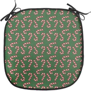 Ambesonne Christmas Chair Seating Cushion Set of 2, Candy Canes and Lollipops Classical Pattern for Holiday Xmas, Anti-Slip Seat Padding for Kitchen & Patio, 16″x16″, Green Red White(Green Red White)