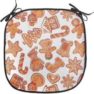 Ambesonne Christmas Chair Seating Cushion Set of 2, Gingerbread Man House Cones Xmas Cookie Celebration Theme, Anti-Slip Seat Padding for Kitchen & Patio, 16″x16″, Pale Brown and White(Pale Brown and White)