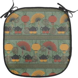 Ambesonne Christmas Chair Seating Cushion Set of 6, Pine Fir Cones Balls and Coniferous Tree Leaves Holly Berry Old Fashioned, Anti-Slip Seat Padding for Kitchen & Patio, 16″x16″, Red Green Grey(Reseda Green and Marigold)