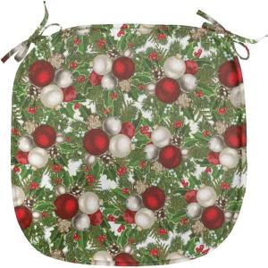 Ambesonne Christmas Chair Seating Cushion Set of 6, Pine Fir Cones Balls and Coniferous Tree Leaves Holly Berry Old Fashioned, Anti-Slip Seat Padding for Kitchen & Patio, 16″x16″, Red Green Grey(Red Green Grey)
