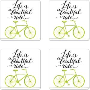 Ambesonne Christmas Coaster Set of 4, Retro Style Inspired Noel Slogan with Hanging Baubles on Doodle Grid Frame Print, Square Hardboard Gloss Coasters, Standard Size, Teal Beige(Green Black)