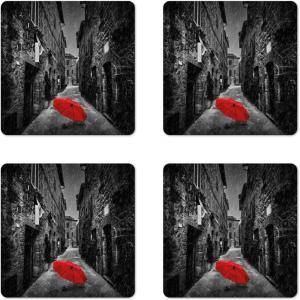 Ambesonne Christmas Coaster Set of 4, Retro Style Inspired Noel Slogan with Hanging Baubles on Doodle Grid Frame Print, Square Hardboard Gloss Coasters, Standard Size, Teal Beige(Light Brown)