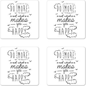 Ambesonne Christmas Coaster Set of 4, Retro Style Inspired Noel Slogan with Hanging Baubles on Doodle Grid Frame Print, Square Hardboard Gloss Coasters, Standard Size, Teal Beige(White Charcoal)