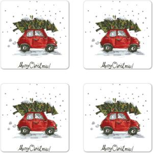 Ambesonne Christmas Coaster Set of 4, Retro Style Inspired Noel Slogan with Hanging Baubles on Doodle Grid Frame Print, Square Hardboard Gloss Coasters, Standard Size, Teal Beige(Red Green)