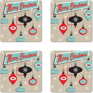 Ambesonne Christmas Coaster Set of 4, Retro Style Inspired Noel Slogan with Hanging Baubles on Doodle Grid Frame Print, Square Hardboard Gloss Coasters, Standard Size, Teal Beige(Teal Beige)