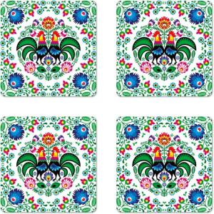 Ambesonne Christmas Coaster Set of 4, Retro Style Inspired Noel Slogan with Hanging Baubles on Doodle Grid Frame Print, Square Hardboard Gloss Coasters, Standard Size, Teal Beige(Green Blue Red)