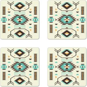 Ambesonne Christmas Coaster Set of 4, Retro Style Inspired Noel Slogan with Hanging Baubles on Doodle Grid Frame Print, Square Hardboard Gloss Coasters, Standard Size, Teal Beige(Pale Yellow)