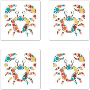 Ambesonne Christmas Coaster Set of 4, Retro Style Inspired Noel Slogan with Hanging Baubles on Doodle Grid Frame Print, Square Hardboard Gloss Coasters, Standard Size, Teal Beige(Teal Red)