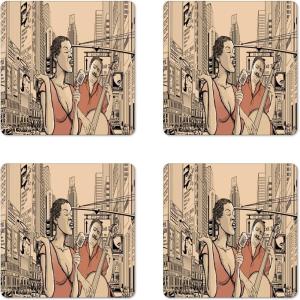 Ambesonne Christmas Coaster Set of 4, Retro Style Inspired Noel Slogan with Hanging Baubles on Doodle Grid Frame Print, Square Hardboard Gloss Coasters, Standard Size, Teal Beige(Beige Brown)