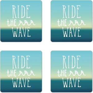 Ambesonne Christmas Coaster Set of 4, Retro Style Inspired Noel Slogan with Hanging Baubles on Doodle Grid Frame Print, Square Hardboard Gloss Coasters, Standard Size, Teal Beige(Mint Green)