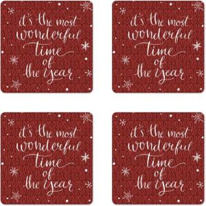 Ambesonne Christmas Coaster Set of 4, Retro Style Inspired Noel Slogan with Hanging Baubles on Doodle Grid Frame Print, Square Hardboard Gloss Coasters, Standard Size, Teal Beige(Burgundy and White)