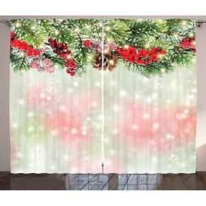 Ambesonne Christmas Curtains, Evergreen Fir Branches Red Ripe Holly Berries Blurred Backdrop Garland, Living Room Bedroom Window Drapes 2 Panel Set, 108″ X 84″, Red Green Brown