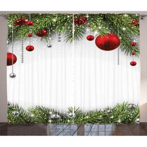Ambesonne Christmas Curtains, Holiday Season Backdrop with Pine Leaves Ball Classic Design Print, Living Room Bedroom Window Drapes 2 Panel Set, 108″ X 84″, Green Vermilion