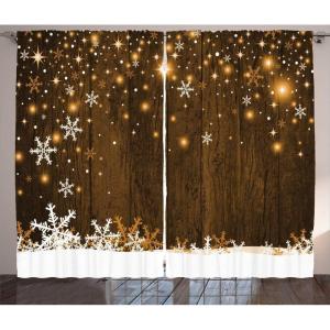 Ambesonne Christmas Curtains, Rustic Wooden Backdrop Snowflakes and Warm Traditional Celebration Print, Living Room Bedroom Window Drapes 2 Panel Set, 108″ X 90″, White Brown