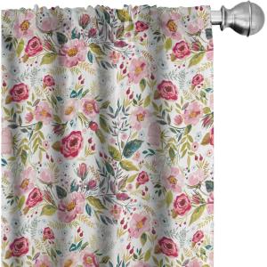 Ambesonne Christmas Curtains, Tree Branches Spruce Leaves Balls Bells Cones Poinsettia Flowers Mistletoe Berry, Window Treatments 2 Panel Set for Living Room Bedroom, Pair of – 28″ x 63″, Ruby Green(Pink White)