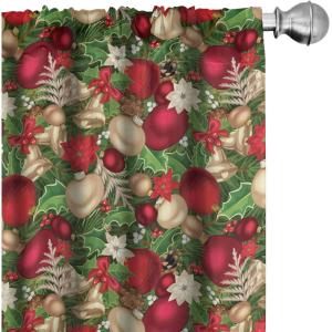 Ambesonne Christmas Curtains, Tree Branches Spruce Leaves Balls Bells Cones Poinsettia Flowers Mistletoe Berry, Window Treatments 2 Panel Set for Living Room Bedroom, Pair of – 28″ x 63″, Ruby Green(Ruby Green)