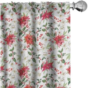 Ambesonne Christmas Curtains, Tree Branches Spruce Leaves Balls Bells Cones Poinsettia Flowers Mistletoe Berry, Window Treatments 2 Panel Set for Living Room Bedroom, Pair of – 28″ x 63″, Ruby Green(Vermilion Green Magenta)