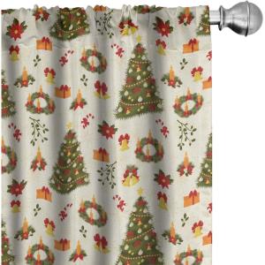 Ambesonne Christmas Curtains, Tree Branches Spruce Leaves Balls Bells Cones Poinsettia Flowers Mistletoe Berry, Window Treatments 2 Panel Set for Living Room Bedroom, Pair of – 28″ x 63″, Ruby Green(Olive Green Yellow)