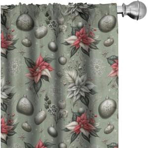 Ambesonne Christmas Curtains, Tree Branches Spruce Leaves Balls Bells Cones Poinsettia Flowers Mistletoe Berry, Window Treatments 2 Panel Set for Living Room Bedroom, Pair of – 28″ x 63″, Ruby Green(Laurel Green Coral Grey)