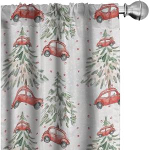 Ambesonne Christmas Curtains, Tree Branches Spruce Leaves Balls Bells Cones Poinsettia Flowers Mistletoe Berry, Window Treatments 2 Panel Set for Living Room Bedroom, Pair of – 28″ x 63″, Ruby Green(Pale Grey Hot Pink and Green)