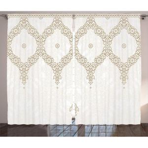 Ambesonne Christmas Curtains, Wooden Rustic Log Cottage Scenery in The Winter Season Warm Moonlight, Living Room Bedroom Window Drapes 2 Panel Set, 108 X 84, White Navy(Camel White)
