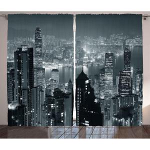 Ambesonne Christmas Curtains, Wooden Rustic Log Cottage Scenery in The Winter Season Warm Moonlight, Living Room Bedroom Window Drapes 2 Panel Set, 108 X 84, White Navy(Grey Multicolor)