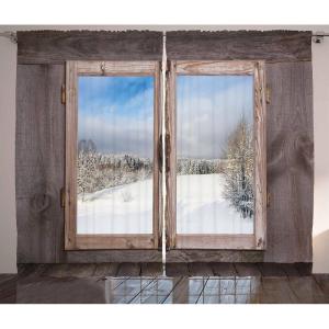 Ambesonne Christmas Curtains, Wooden Rustic Log Cottage Scenery in The Winter Season Warm Moonlight, Living Room Bedroom Window Drapes 2 Panel Set, 108 X 84, White Navy(Umber White Blue)