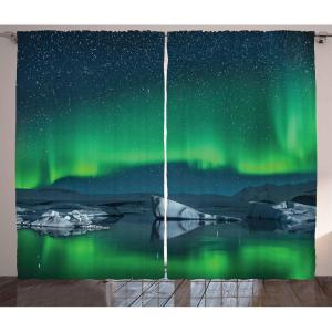 Ambesonne Christmas Curtains, Wooden Rustic Log Cottage Scenery in The Winter Season Warm Moonlight, Living Room Bedroom Window Drapes 2 Panel Set, 108 X 84, White Navy(Night Blue Lime Green)