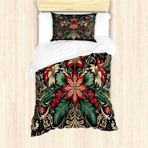 Ambesonne Christmas Duvet Cover Set, Floral Winter Red Bird Hat and Scarf on Blooming Tree Nature Inspired, Decorative 3 Piece Bedding Set with 2 Pillow Shams, Queen Size, Burgundy Green(Dark Pink Green Khaki)