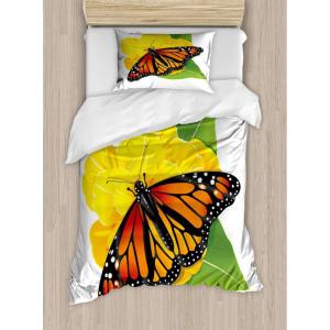 Ambesonne Christmas Duvet Cover Set, Floral Winter Red Bird Hat and Scarf on Blooming Tree Nature Inspired, Decorative 3 Piece Bedding Set with 2 Pillow Shams, Queen Size, Burgundy Green(Orange Yellow)