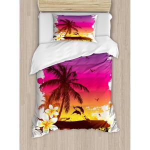 Ambesonne Christmas Duvet Cover Set, Floral Winter Red Bird Hat and Scarf on Blooming Tree Nature Inspired, Decorative 3 Piece Bedding Set with 2 Pillow Shams, Queen Size, Burgundy Green(Yellow Magenta)