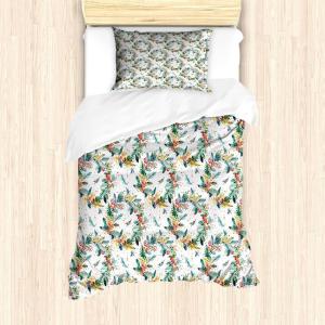 Ambesonne Christmas Duvet Cover Set, Floral Winter Red Bird Hat and Scarf on Blooming Tree Nature Inspired, Decorative 3 Piece Bedding Set with 2 Pillow Shams, Queen Size, Burgundy Green(Teal Coral and Mustard)