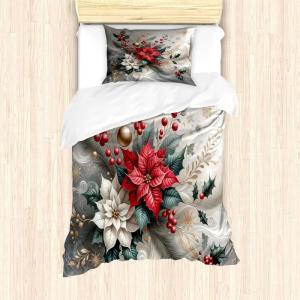 Ambesonne Christmas Duvet Cover Set, Floral Winter Red Bird Hat and Scarf on Blooming Tree Nature Inspired, Decorative 3 Piece Bedding Set with 2 Pillow Shams, Queen Size, Burgundy Green(Slate Blue and Dark Coral)