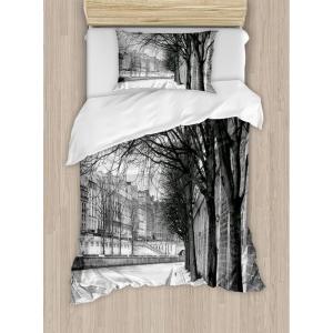 Ambesonne Christmas Duvet Cover Set, Floral Winter Red Bird Hat and Scarf on Blooming Tree Nature Inspired, Decorative 3 Piece Bedding Set with 2 Pillow Shams, Queen Size, Burgundy Green(Dimgray)